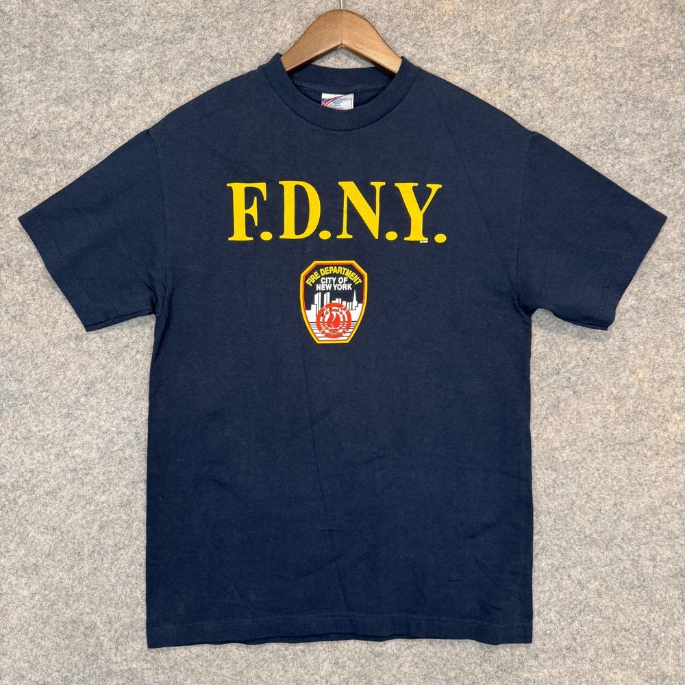 Vintage FDNY T Shirt Mens Medium New York City Fire 90s Dark Navy Blue Tee USA
